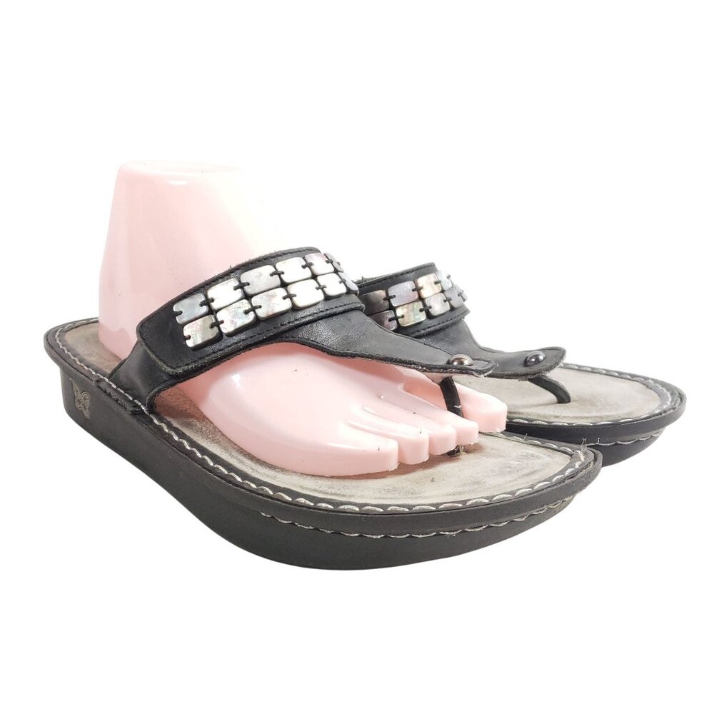 Alegria Womens Size 11.5 Black Leather Rhinestone Embellished Slide Sandals